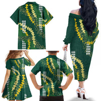 Hawaii Aloha Kakau Family Matching Off The Shoulder Long Sleeve Dress and Hawaiian Shirt Green Puakenikeni and Maile Lei Twist LT7 - Polynesian Pride