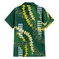 Hawaii Aloha Kakau Family Matching Off The Shoulder Long Sleeve Dress and Hawaiian Shirt Green Puakenikeni and Maile Lei Twist LT7 - Polynesian Pride