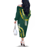 Hawaii Aloha Kakau Family Matching Off The Shoulder Long Sleeve Dress and Hawaiian Shirt Green Puakenikeni and Maile Lei Twist LT7 - Polynesian Pride