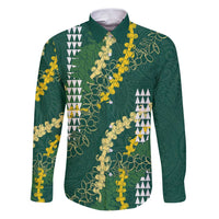 Hawaii Aloha Kakau Family Matching Puletasi and Hawaiian Shirt Green Puakenikeni and Maile Lei Twist LT7 Dad's Shirt - Long Sleeve Green - Polynesian Pride