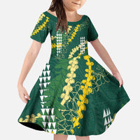 Hawaii Aloha Kakau Family Matching Short Sleeve Bodycon Dress and Hawaiian Shirt Green Puakenikeni and Maile Lei Twist