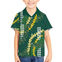 Hawaii Aloha Kakau Family Matching Short Sleeve Bodycon Dress and Hawaiian Shirt Green Puakenikeni and Maile Lei Twist
