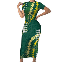 Hawaii Aloha Kakau Short Sleeve Bodycon Dress Green Puakenikeni and Maile Lei Twist LT7 Long Dress Green - Polynesian Pride