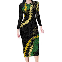 Hawaii Puakenikeni - Maile Lei Family Matching Long Sleeve Bodycon Dress and Hawaiian Shirt Obsidian Black LT7 Mom's Dress Black - Polynesian Pride