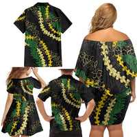 Hawaii Puakenikeni - Maile Lei Family Matching Off Shoulder Short Dress and Hawaiian Shirt Obsidian Black LT7 - Polynesian Pride