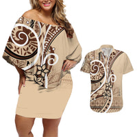 Samoa Siapo Classic Motif Couples Matching Off Shoulder Short Dress and Hawaiian Shirt Manuia le tutoatasi o Samoa Independence LT7 Beige - Polynesian Pride
