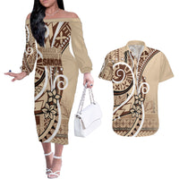 Samoa Siapo Classic Motif Couples Matching Off The Shoulder Long Sleeve Dress and Hawaiian Shirt Manuia le tutoatasi o Samoa Independence LT7 Beige - Polynesian Pride