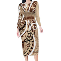 Samoa Siapo Classic Motif Family Matching Long Sleeve Bodycon Dress and Hawaiian Shirt Manuia le tutoatasi o Samoa Independence LT7 Mom's Dress Beige - Polynesian Pride