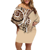 Samoa Siapo Classic Motif Family Matching Off Shoulder Short Dress and Hawaiian Shirt Manuia le tutoatasi o Samoa Independence LT7 Mom's Dress Beige - Polynesian Pride
