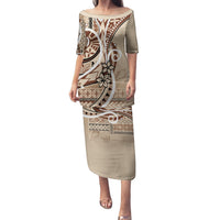 Samoa Siapo Classic Motif Family Matching Puletasi and Hawaiian Shirt Manuia le tutoatasi o Samoa Independence LT7 Mom's Dress Beige - Polynesian Pride
