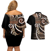 Samoa Siapo Classic Motif Couples Matching Off Shoulder Short Dress and Hawaiian Shirt Manuia le tutoatasi o Samoa Independence Black Style LT7 - Polynesian Pride