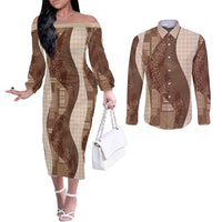 Polynesian Tribal Pattern Patchwork Picturesque Couples Matching Off The Shoulder Long Sleeve Dress and Long Sleeve Button Shirt Mocha