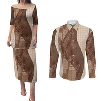 Polynesian Tribal Pattern Patchwork Picturesque Couples Matching Puletasi and Long Sleeve Button Shirt Mocha