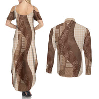 Polynesian Tribal Pattern Patchwork Picturesque Couples Matching Summer Maxi Dress and Long Sleeve Button Shirt Mocha