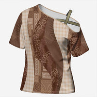 Polynesian Tribal Pattern Patchwork Picturesque Cross Shoulder Shirt Mocha
