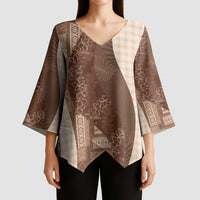 Polynesian Tribal Pattern Patchwork Picturesque Kimono Sleeve Blouse Mocha