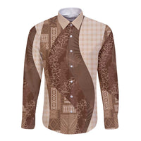 Polynesian Tribal Pattern Patchwork Picturesque Long Sleeve Button Shirt Mocha