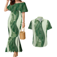 Polynesian Tribal Pattern Patchwork Picturesque Couples Matching Mermaid Dress and Hawaiian Shirt Sage Green