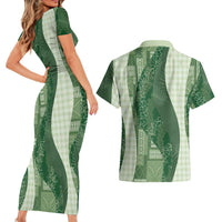 Polynesian Tribal Pattern Patchwork Picturesque Couples Matching Short Sleeve Bodycon Dress and Hawaiian Shirt Sage Green
