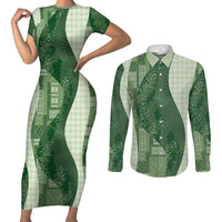 Polynesian Tribal Pattern Patchwork Picturesque Couples Matching Short Sleeve Bodycon Dress and Long Sleeve Button Shirt Sage Green