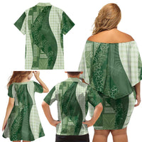 Polynesian Tribal Pattern Patchwork Picturesque Family Matching Off Shoulder Short Dress and Hawaiian Shirt Sage Green