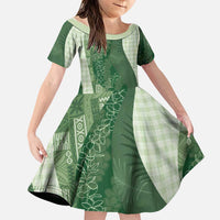 Polynesian Tribal Pattern Patchwork Picturesque Family Matching Short Sleeve Bodycon Dress and Hawaiian Shirt Sage Green