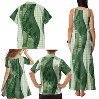 Polynesian Tribal Pattern Patchwork Picturesque Family Matching Tank Maxi Dress and Hawaiian Shirt Sage Green