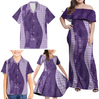 Polynesian Tribal Pattern Patchwork Picturesque Family Matching Off Shoulder Maxi Dress and Hawaiian Shirt Deep Violet