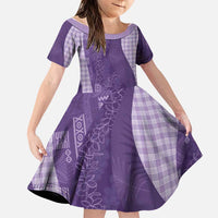 Polynesian Tribal Pattern Patchwork Picturesque Family Matching Off Shoulder Short Dress and Hawaiian Shirt Deep Violet