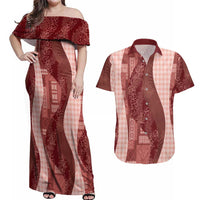Polynesian Tribal Pattern Patchwork Picturesque Couples Matching Off Shoulder Maxi Dress and Hawaiian Shirt Crimson
