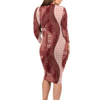 Polynesian Tribal Pattern Patchwork Picturesque Family Matching Long Sleeve Bodycon Dress and Hawaiian Shirt Crimson