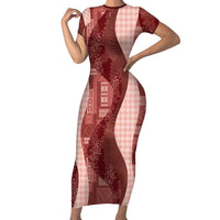 Polynesian Tribal Pattern Patchwork Picturesque Family Matching Short Sleeve Bodycon Dress and Hawaiian Shirt Crimson