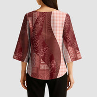 Polynesian Tribal Pattern Patchwork Picturesque Kimono Sleeve Blouse Crimson