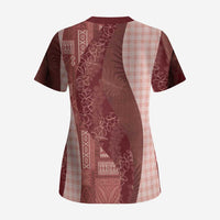 Polynesian Tribal Pattern Patchwork Picturesque Scrub Top Crimson