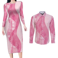 Polynesian Tribal Pattern Patchwork Picturesque Couples Matching Long Sleeve Bodycon Dress and Long Sleeve Button Shirt Rose Pink