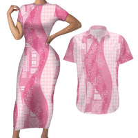 Polynesian Tribal Pattern Patchwork Picturesque Couples Matching Short Sleeve Bodycon Dress and Hawaiian Shirt Rose Pink