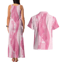 Polynesian Tribal Pattern Patchwork Picturesque Couples Matching Tank Maxi Dress and Hawaiian Shirt Rose Pink