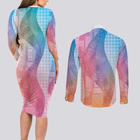 Polynesian Tribal Pattern Patchwork Picturesque Couples Matching Long Sleeve Bodycon Dress and Long Sleeve Button Shirt Holographic