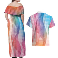 Polynesian Tribal Pattern Patchwork Picturesque Couples Matching Off Shoulder Maxi Dress and Hawaiian Shirt Holographic