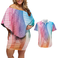 Polynesian Tribal Pattern Patchwork Picturesque Couples Matching Off Shoulder Short Dress and Hawaiian Shirt Holographic