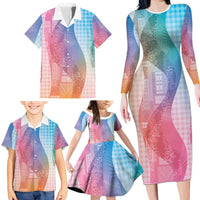 Polynesian Tribal Pattern Patchwork Picturesque Family Matching Long Sleeve Bodycon Dress and Hawaiian Shirt Holographic