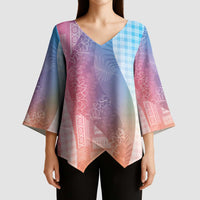 Polynesian Tribal Pattern Patchwork Picturesque Kimono Sleeve Blouse Holographic