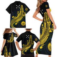 Personalized Solomon Islands Independence Anniversary Family Matching Short Sleeve Bodycon Dress and Hawaiian Shirt Crocodile Mix Tapa LT7 - Polynesian Pride