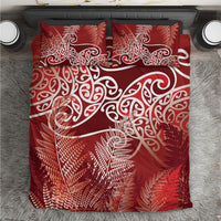 Aotearoa Maori Koru Curves Bedding Set Silver Ferns - Crimson Red