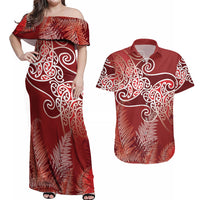Aotearoa Maori Koru Curves Couples Matching Off Shoulder Maxi Dress and Hawaiian Shirt Silver Ferns - Crimson Red