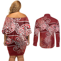 Aotearoa Maori Koru Curves Couples Matching Off Shoulder Short Dress and Long Sleeve Button Shirt Silver Ferns - Crimson Red