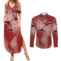 Aotearoa Maori Koru Curves Couples Matching Summer Maxi Dress and Long Sleeve Button Shirt Silver Ferns - Crimson Red