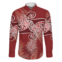 Aotearoa Maori Koru Curves Family Matching Long Sleeve Bodycon Dress and Hawaiian Shirt Silver Ferns - Crimson Red LT7 Dad's Shirt - Long Sleeve Red - Polynesian Pride