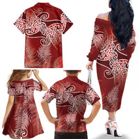 Aotearoa Maori Koru Curves Family Matching Off The Shoulder Long Sleeve Dress and Hawaiian Shirt Silver Ferns - Crimson Red LT7 - Polynesian Pride