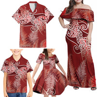 Aotearoa Maori Koru Curves Family Matching Off Shoulder Maxi Dress and Hawaiian Shirt Silver Ferns - Crimson Red LT7 - Polynesian Pride